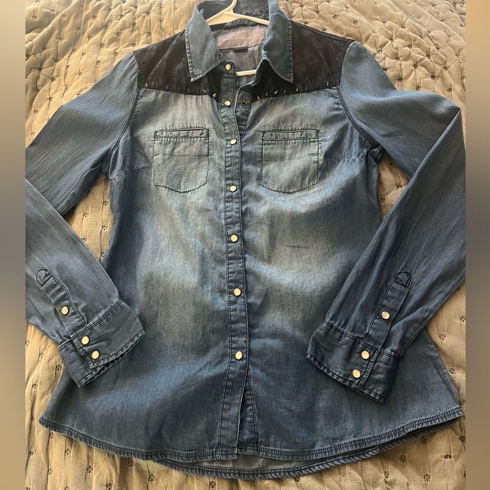 boom boom jeans clip on button shirt with black lace top sz M - Picture 12 of 12